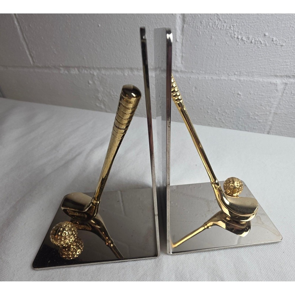 Vintage Golf Club and Ball Chrome Gold Tone Metal Bookends Set